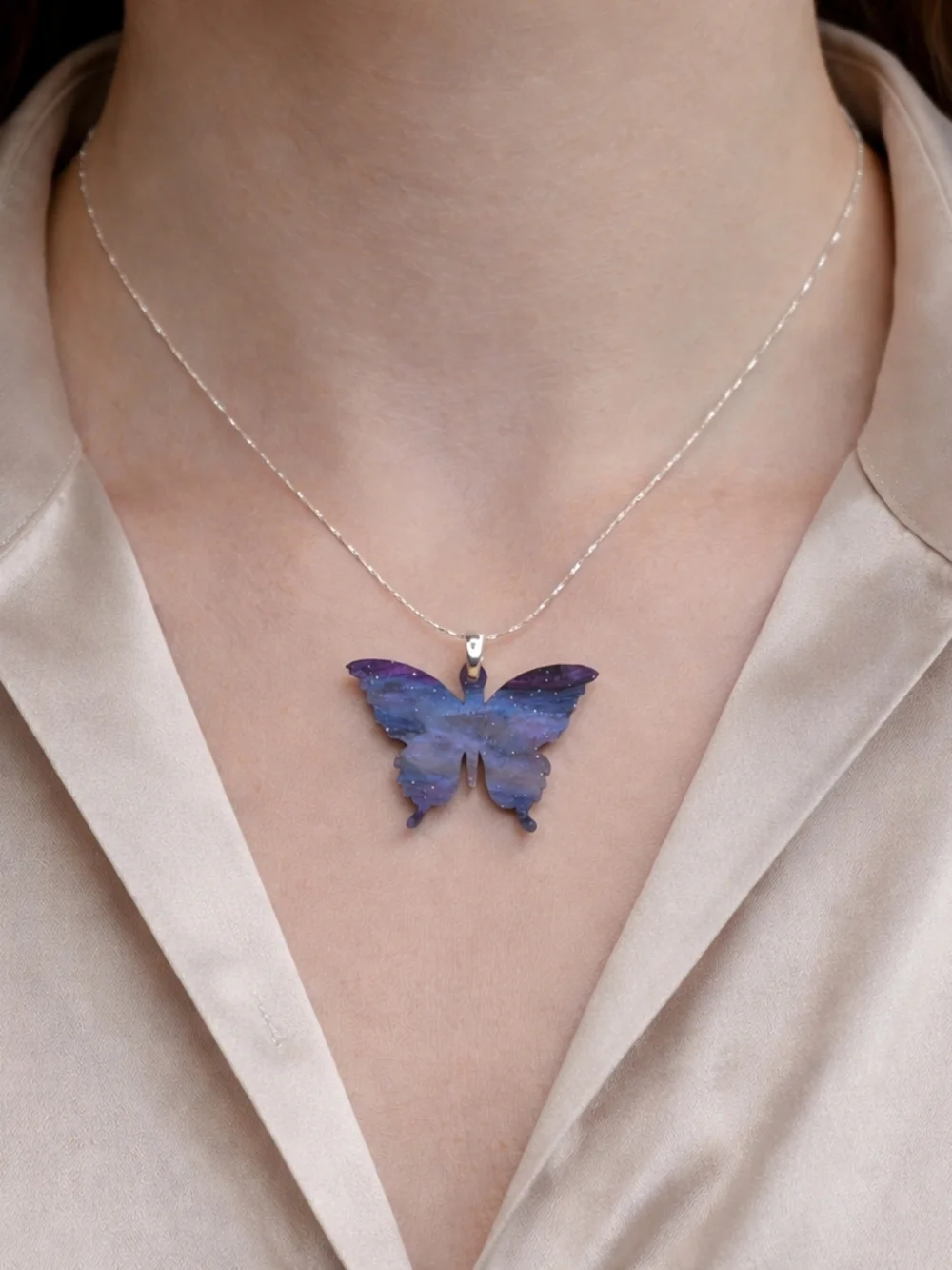 Blue Lavender Butterfly Necklace Reversible Pendant Silver Chain 16.5” + 2 